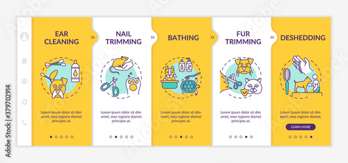 Grooming services types onboarding vector template. Ear cleaning. Nail trimming. Bathing. Responsive mobile website with icons. Webpage walkthrough step screens. RGB color concept