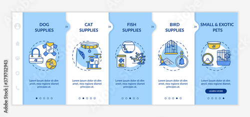 Pet store offers onboarding vector template. Dog, cat, fish, bird, small and exotic animals supplies. Responsive mobile website with icons. Webpage walkthrough step screens. RGB color concept
