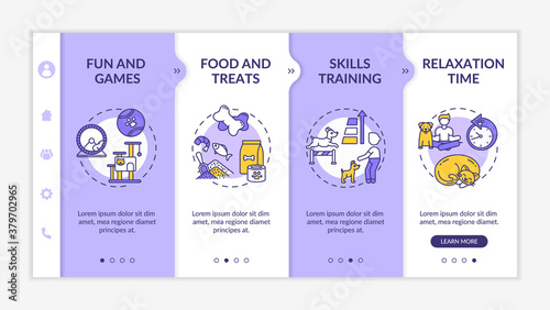 Dogs day camp services onboarding vector template. Fun and games. Food and treats. Skills training. Responsive mobile website with icons. Webpage walkthrough step screens. RGB color concept
