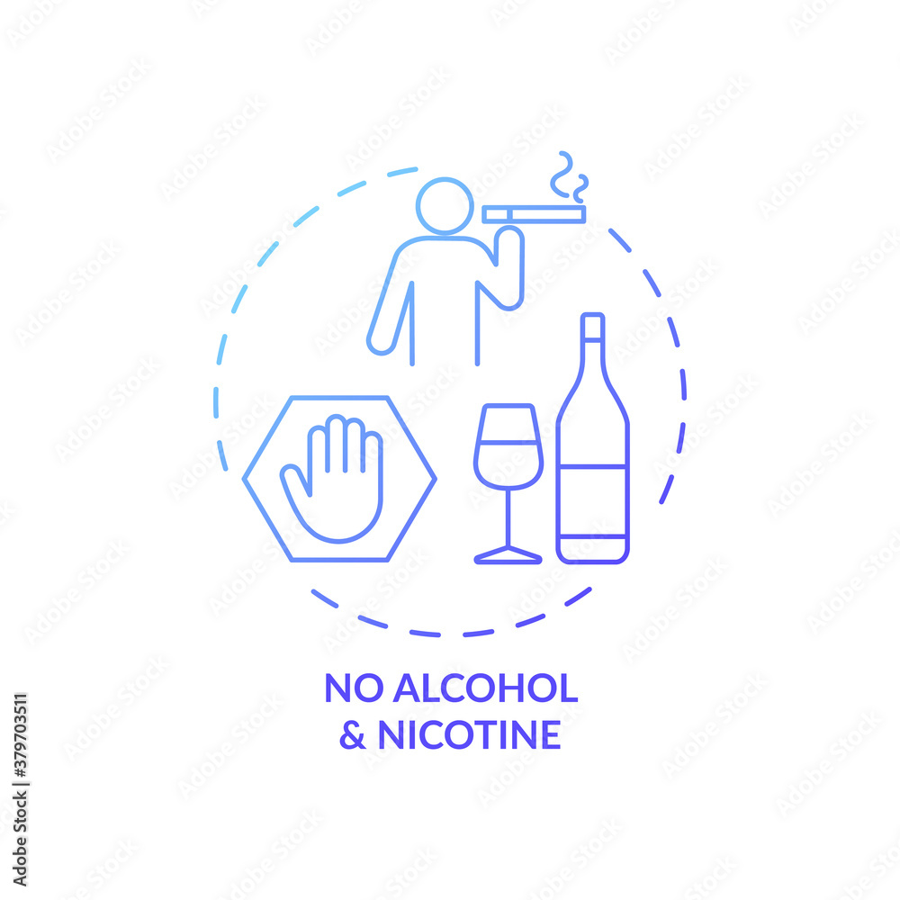 No alcohol and nicotine blue gradient concept icon. Avoid dangerous habit. Health risk caution. Improve sleep hygiene idea thin line illustration. Vector isolated outline RGB color drawing No alcohol and nicotine blue gradient concept icon. Avoid dangerous habit. Health risk caution. Improve sleep hygiene idea thin line illustration. Vector isolated outline RGB color drawing