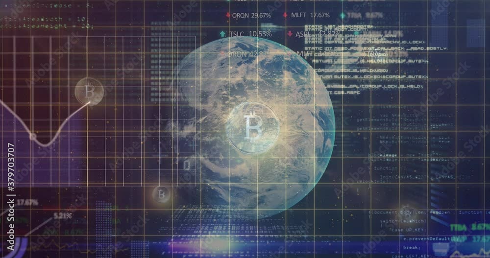 Financial data processing over bitcoin symbol against spinning globe