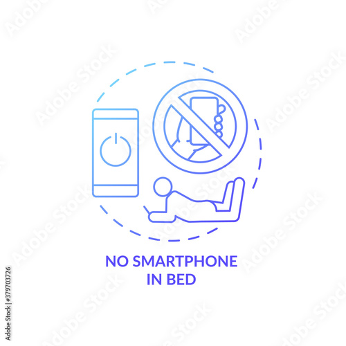 No smartphone in bed blue gradient concept icon. Avoid phone using before bedtime. Nighttime routine. Sleep regulation idea thin line illustration. Vector isolated outline RGB color drawing