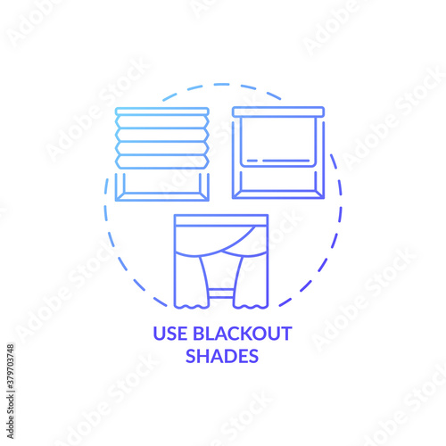 Use blackout shades blue gradient concept icon. Better relaxation with avoiding light. Blinds on window. Sleep regulation idea thin line illustration. Vector isolated outline RGB color drawing