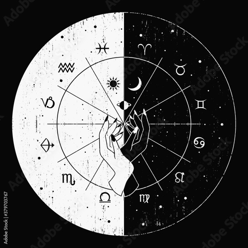 Dekoracja na wymiar  esoteric-illustration-concept-witch-or-wizard-hands-doing-occult-tricks-with-celestial-signs-split-design-day-and-night-with-the-sun-moon-and-planet-symbols-inside-the-astrological-zodiac-wheel