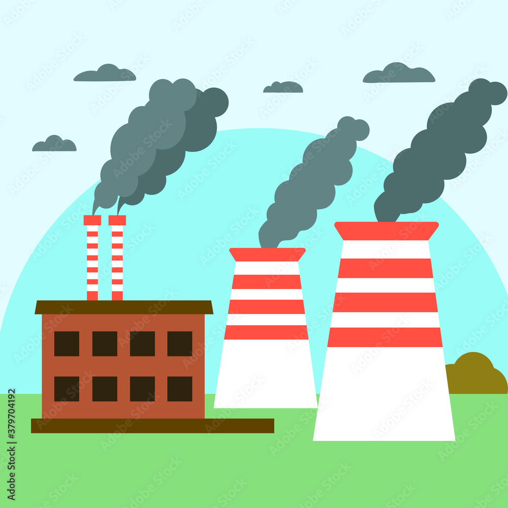 Energy production. Industrial factory and pipes with smoke polluting air. Cartoon flat illustration Stock Vector | Adobe Stock Energy production. Industrial factory and pipes with smoke polluting air. Cartoon flat illustration Stock Vector | Adobe Stock