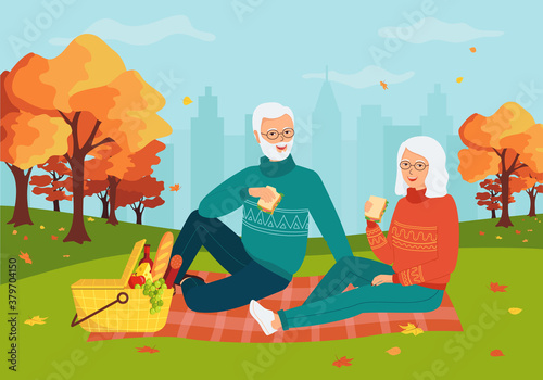 Smiling gray-haired man and woman are sitting in the autumn city park. Concept of an elderly couple on a picnic in the fall. Active lifestyle in retirement. Happy family at the age.Vector illustration