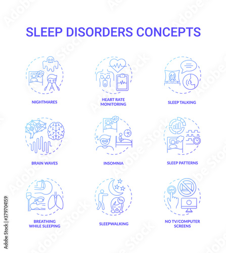 Sleep disorder blue gradient concept icons set. Nightmares and night terrors. Heart rate monitor. Healthcare problem idea thin line RGB color illustrations. Vector isolated outline drawings