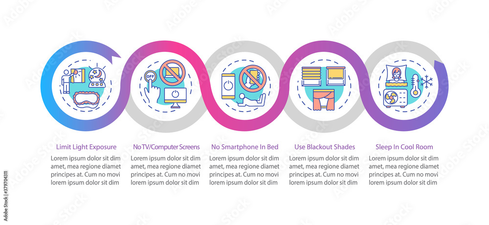 Naklejka premium Sleep improvement vector infographic template. Healthcare recommendation presentation design elements. Data visualization with 5 steps. Process timeline chart. Workflow layout with linear icons