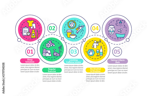Sleep improvement vector infographic template. Better dreaming tips presentation design elements. Data visualization with 5 steps. Process timeline chart. Workflow layout with linear icons