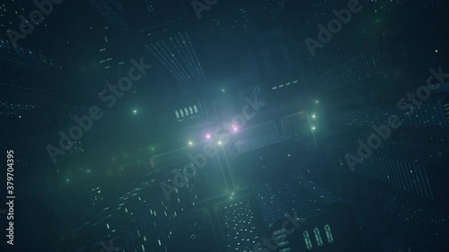 Bird's eye view of police chase in foggy night, helicopter passing by. 