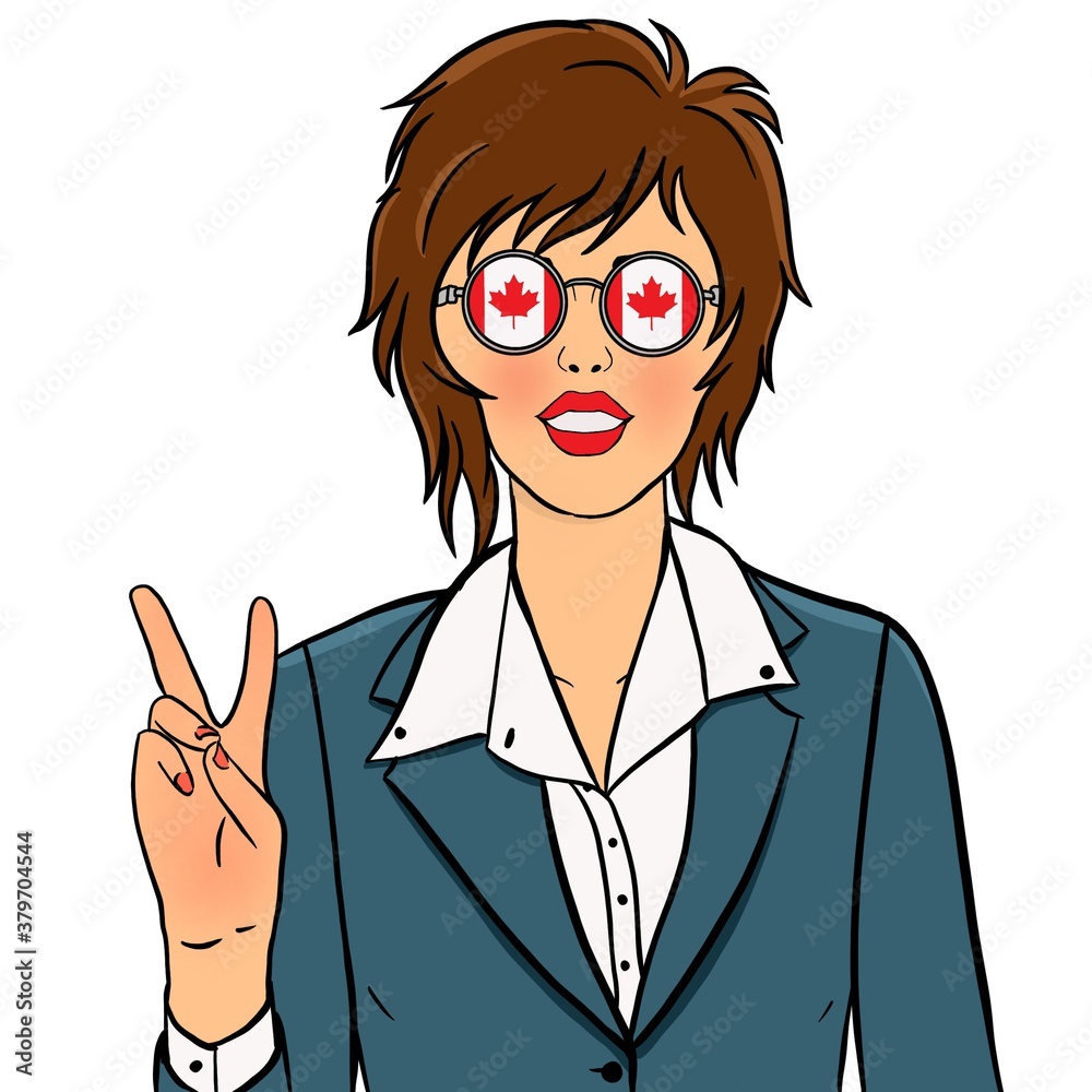 Woman in a jacket with glasses with Canadian flag shows the victory sign with her fingers illustration in color pop art style