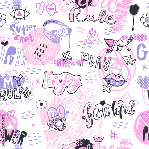 Seamless pattern with text, hearts, headphones, ink textures on a white background. Abstract background for girly design. Hand drawing, splashes. Text: lol, super star, my rules.