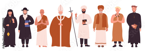 People of different religions infographic vector illustration set. Cartoon flat holy religious characters collection with catholic priest and pastor, Christian pope, Buddhist monk isolated on white