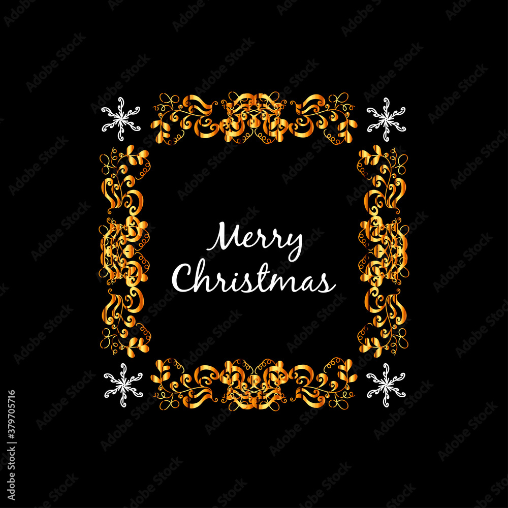 golden monogram frame with white color lettering merry christmas on black background