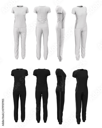 Female pants and t-shirt in black and white color in front, back, side views. 3d illustration of a clothes templates isolated on a white background. 3d mock up women's sportswear.