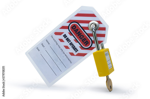 Lock out, tag out with a danger tag. Danger and do not operate warning. Machine and electrical system and safety equipment. Isolated on white background.
