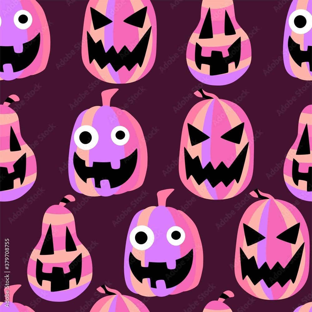 Halloween smiling pink pumpkins on purple seamless pattern. Fall season unusual funny and spooky carved pumpkins endless texture. Halloween smiling pink pumpkins on purple seamless pattern. Fall season unusual funny and spooky carved pumpkins endless texture.