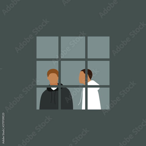 Men in the window behind bars
