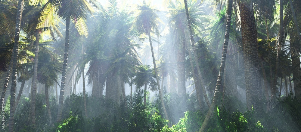 Jungle in the morning in the fog, palm trees in the haze, Jungle in the rays of light, palm trees in the smoke, 3D rendering