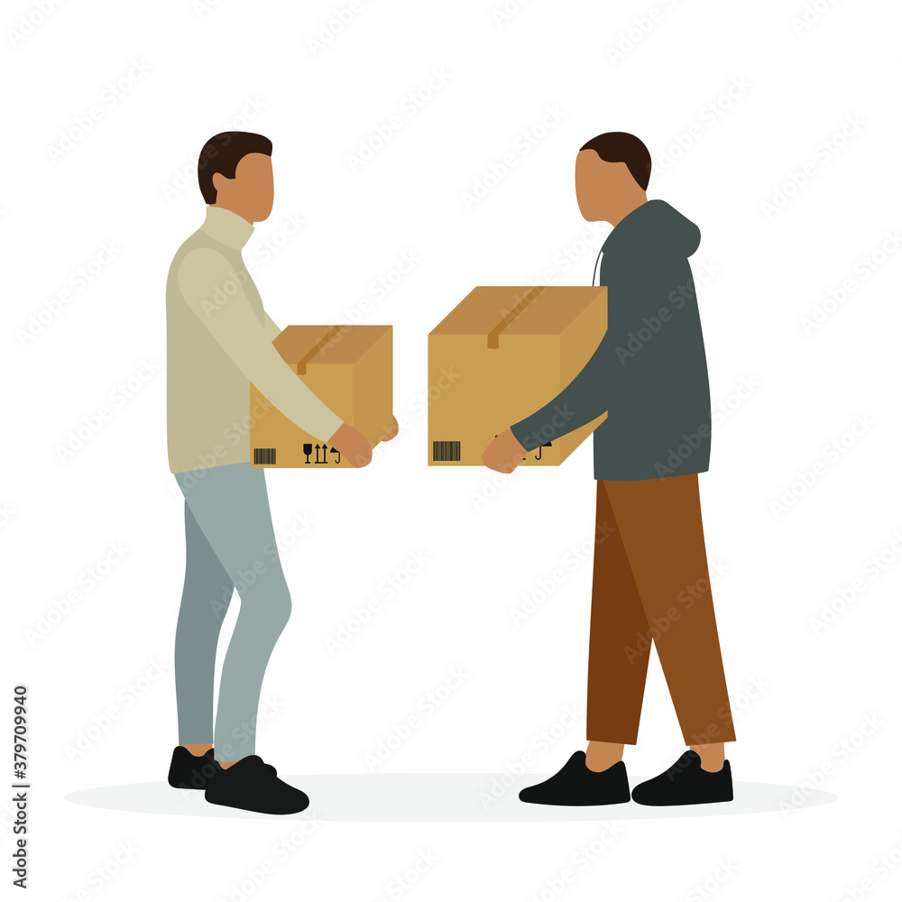 Two male characters with boxes in hands on a white background Two male characters with boxes in hands on a white background