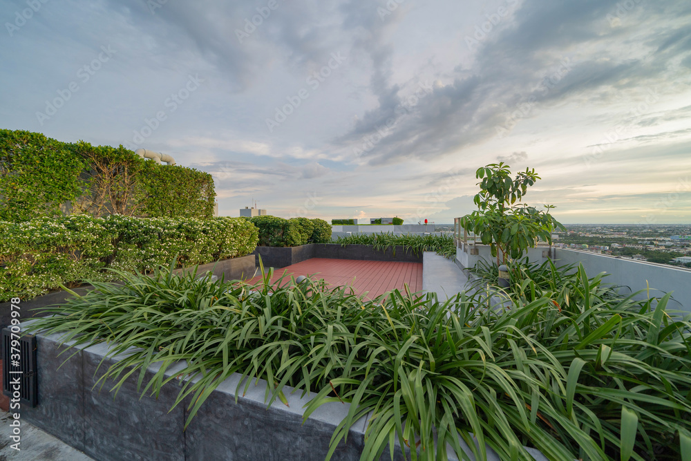 © tampatra - Sky garden on private rooftop of condominium or hotel, high rise architecture building with tree, grass field, and blue sky. © tampatra - Sky garden on private rooftop of condominium or hotel, high rise architecture building with tree, grass field, and blue sky.