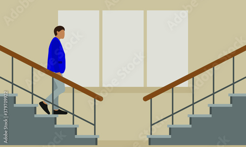 A male character in a jacket goes down the stairs