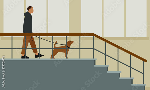 Male character with a dog on a leash walking down the staircase