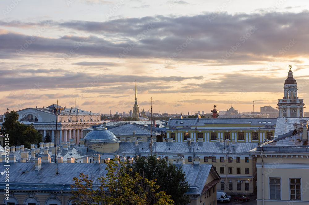 Early morning Vasilievsky island, Saint-Petersburg, Russia, Kunstkamera, stock exchange building, Peter and Paul cathedral, Rostral column