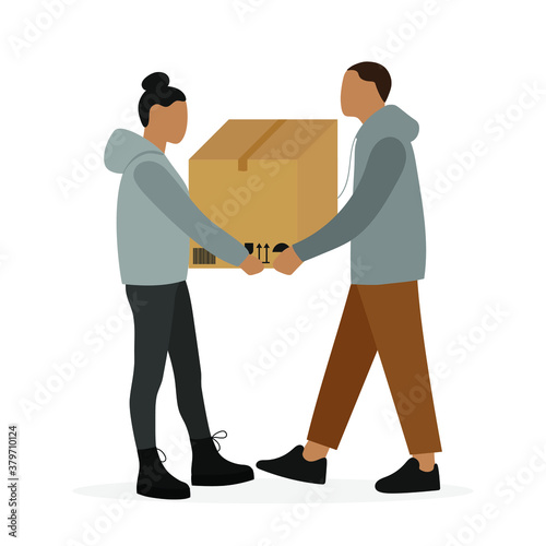 Female character and male character are holding one large cardboard box