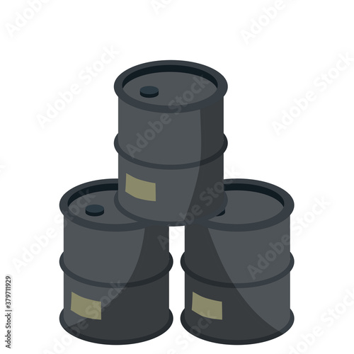 Barrel of oil. Stack of Combustible fossil fuel. Petroleum packaging. Black Tank with gasoline. Resource-based economy and industry.