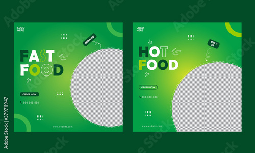 Food and restaurant square social media ads banner template. Set of green and yellow color banner
