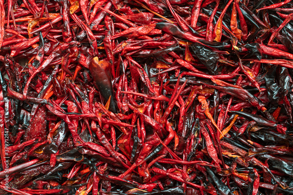 Fototapeta premium Bird's eye view dry chili pepper background
