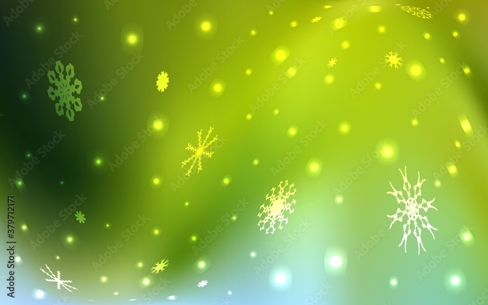Light Green, Yellow vector cover with beautiful snowflakes. Blurred decorative design in xmas style with snow. New year design for your ad, poster, banner. Light Green, Yellow vector cover with beautiful snowflakes. Blurred decorative design in xmas style with snow. New year design for your ad, poster, banner.