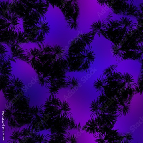 Seamless Miami night tropical pattern black foliage on sunset blur. High quality illustration. Swim, sports, or resort wear repeat print. Dark foreground on blurred background. Dark vibrant colors.