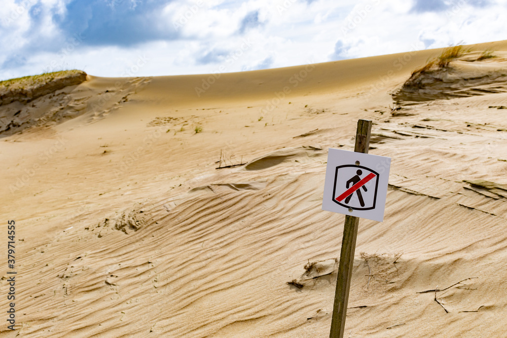 Access prohibited sign or symbol on sand hills dunes, stop, no entry, no walk, no walk