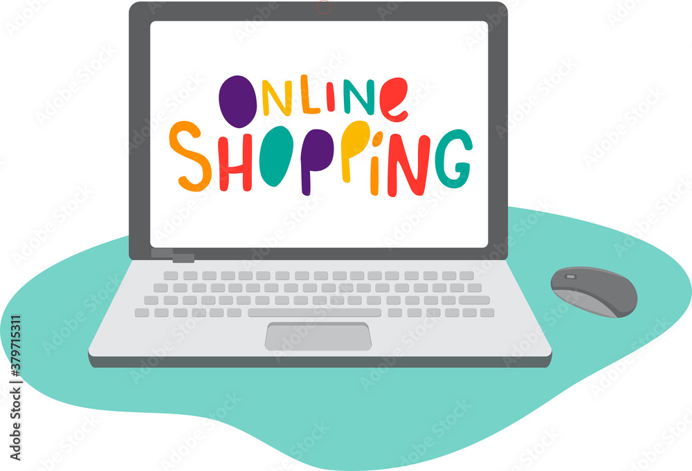Laptop with mouse and hand draw sign on the screen - online shopping. Vector stock illustration isolated on white background for web shop design. Laptop with mouse and hand draw sign on the screen - online shopping. Vector stock illustration isolated on white background for web shop design.