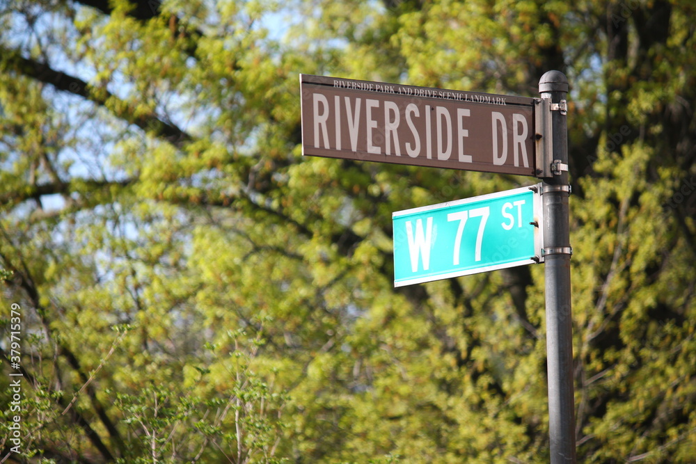 Riverside Drive and West 77th Street historic sign in collegiate district