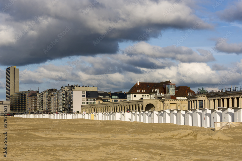 Fototapeta premium sunset on the bathhouses on the beach of Ostend, Belgium 