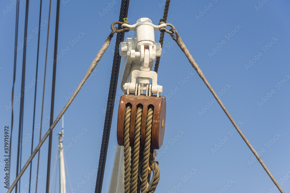 pulley and rope on a sailboat from Ostend pulley and rope on a sailboat from Ostend