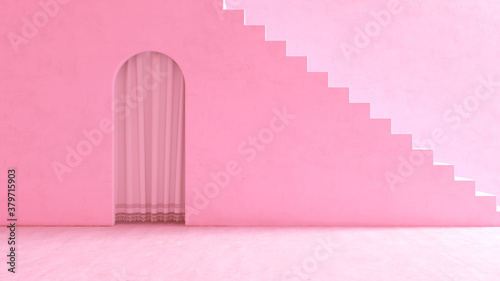 Fantasy pink wall with stairs and door in minimalist geometric style. 3D rendering.