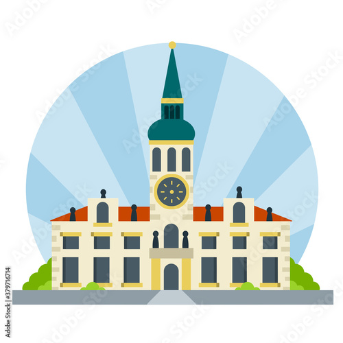Prague tourist attraction. Czech architecture. Travel to Europe. Christian Church and Palace. Flat cartoon. Old town. Beautiful house and building. Baroque style