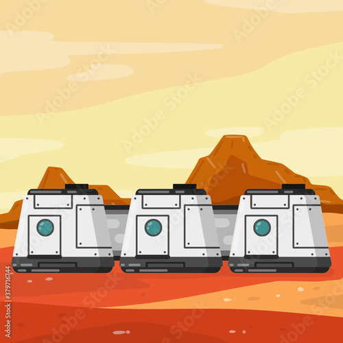 Marisan module of Spacecraft and living quarters. Space flight and modern colonization technologies. Colony base of astronaut on Mars. Flat cartoon. Future and science