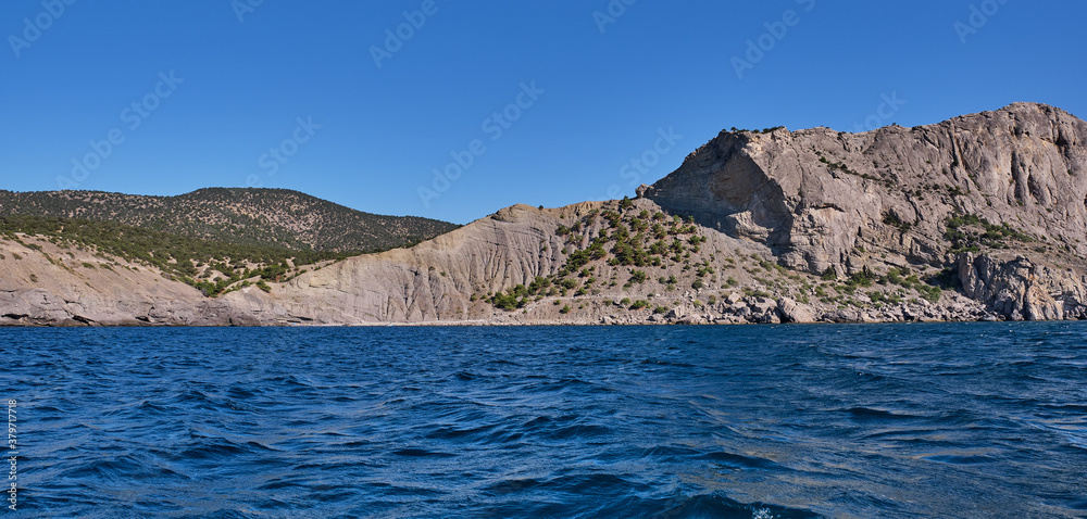 Black Sea rocky coast, Crimean peninsula. Mountain landscape.