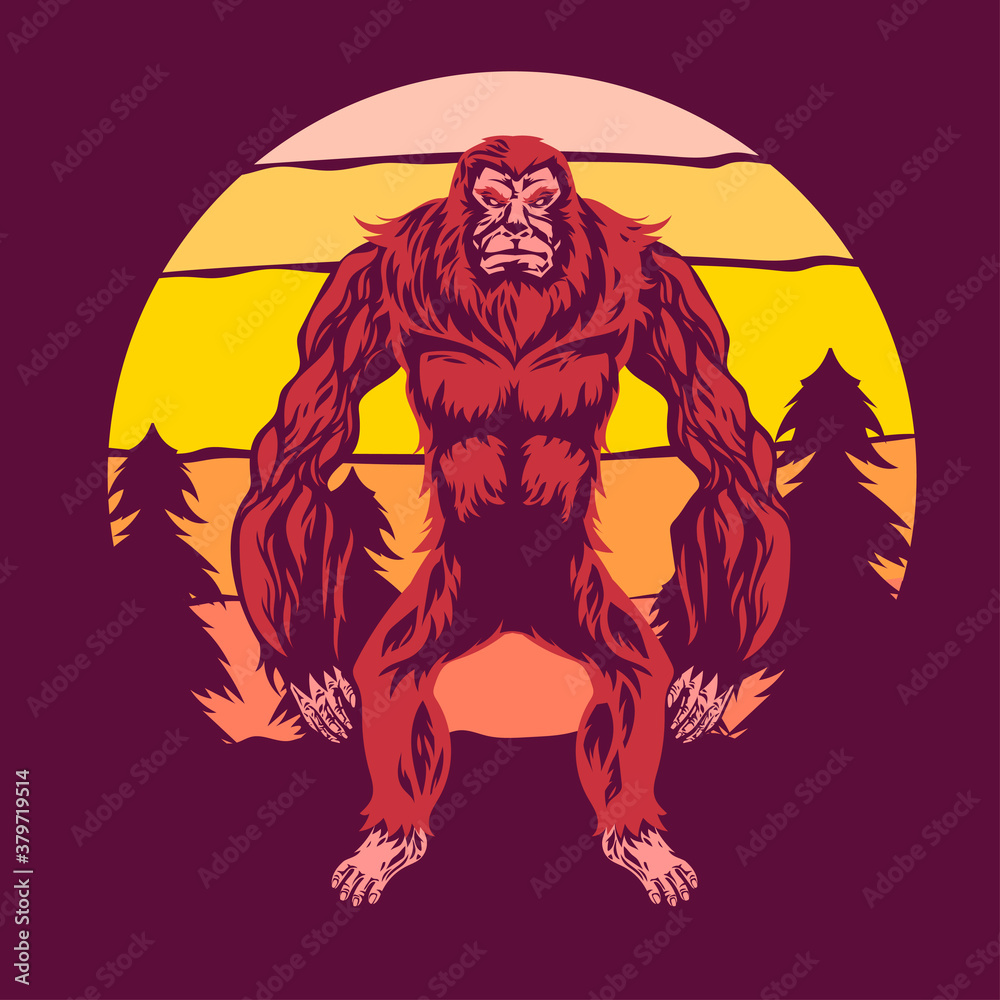 Walking Bigfoot or Sasquatch Vector Illustration with Sunset Background