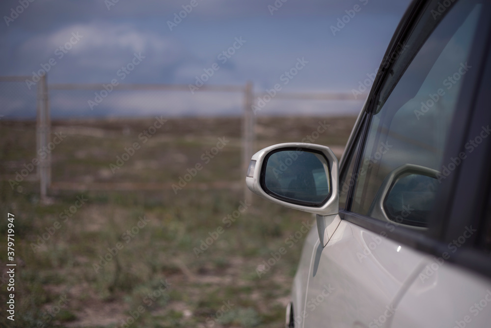 a white car mirror in the forest
