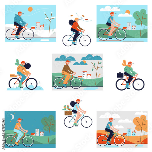 Set of people riding bicycles during different seasons