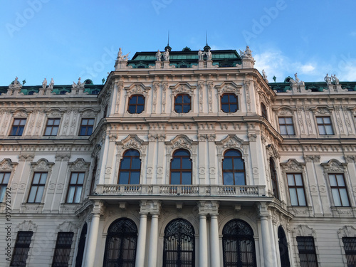 historic building , baroque palaces of Upper Belvedere at sunset time in Vienna, Austria