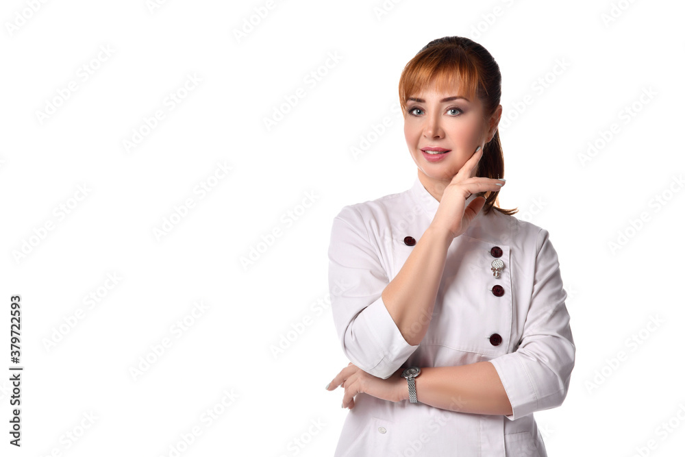 Confident female doctor in a white coat posing with a slight smile. Cropped shot isolated on white, copy space. Hospital, doctor, ambulance, healthcare Confident female doctor in a white coat posing with a slight smile. Cropped shot isolated on white, copy space. Hospital, doctor, ambulance, healthcare