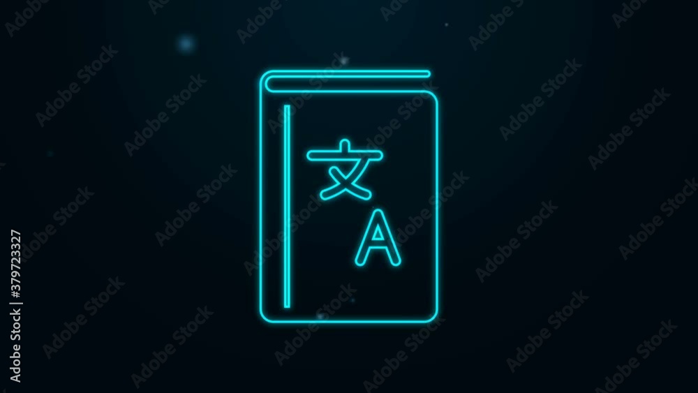 Glowing neon line Translator book icon isolated on black background. Foreign language conversation icons in chat speech bubble. Translating concept. 4K Video motion graphic animation Glowing neon line Translator book icon isolated on black background. Foreign language conversation icons in chat speech bubble. Translating concept. 4K Video motion graphic animation