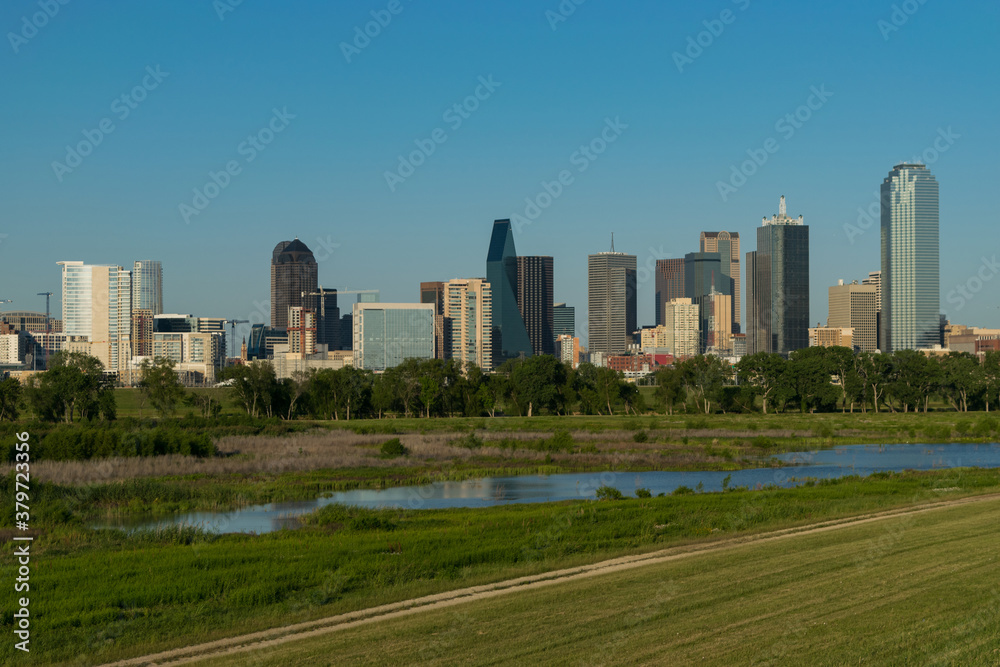 Part of the Dallas skyline as seen from the Trinity River levee Part of the Dallas skyline as seen from the Trinity River levee